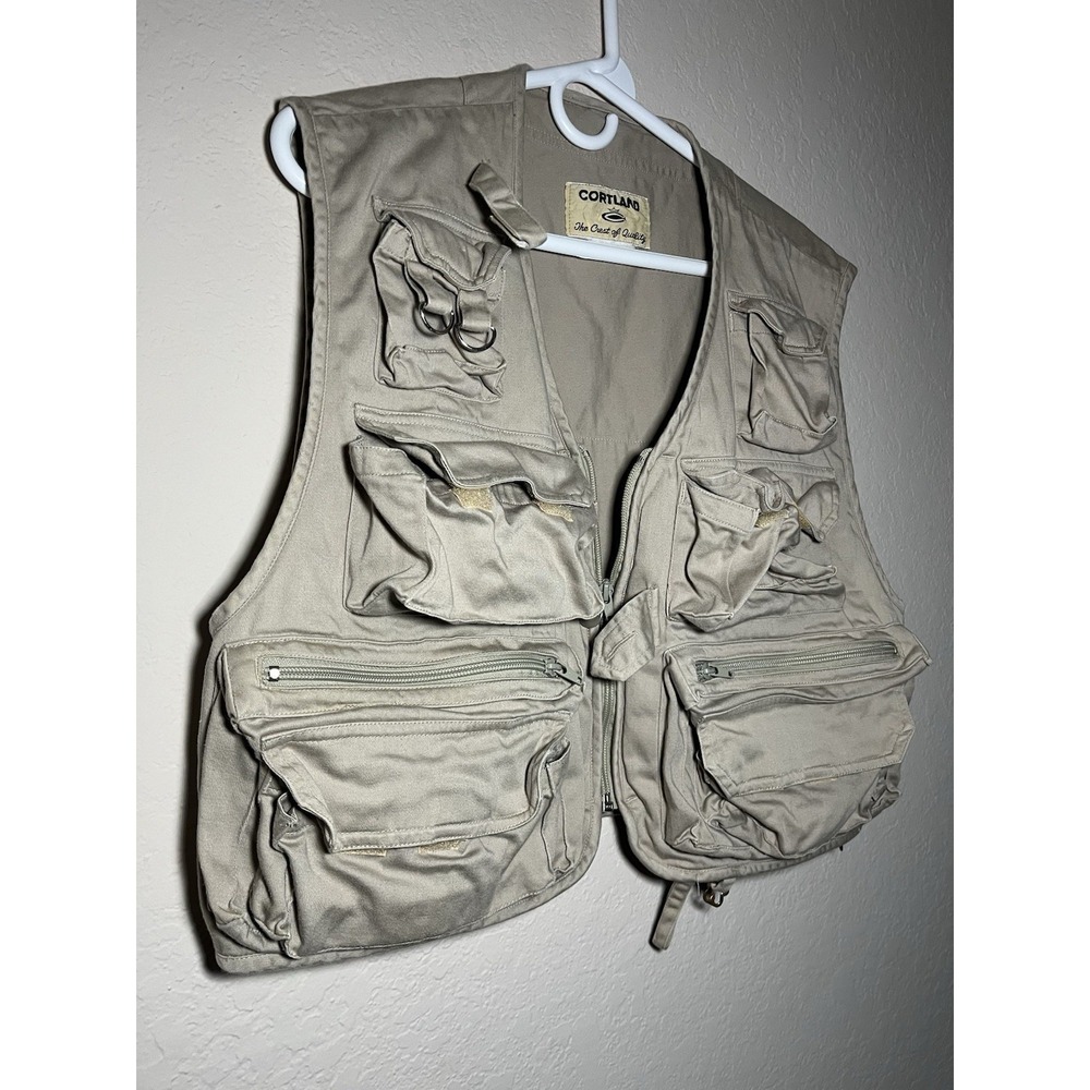 Cortland Men's Fishing Vest XL Regular Beige Cotton Full Zip Multi-Pocket